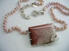 Cherry Blossom - necklace - silver, freshwater pearls, coral, fabricated, cast